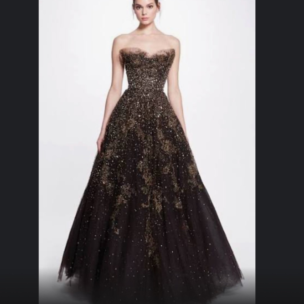 Marchesa Strapless Floral-Beaded Sequin Tulle Ballgown Chocolate US 10